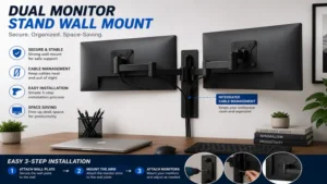 Dual monitor stand wall mount securely installed on a wall with cable management for a tidy setup