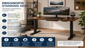 ergonofis standing desk creating a stylish and organized home office workspace with modern accessories.
