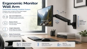 computer screen wall mount arm positioned at eye level to improve posture and reduce neck strain