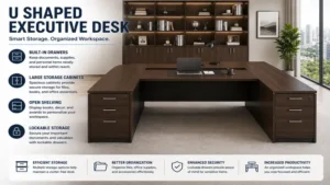 U shaped executive desk featuring built-in drawers, cabinets, and efficient storage solutions