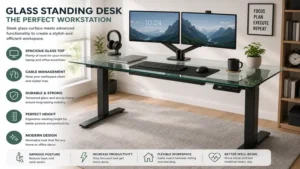 Professional workstation featuring a glass standing desk with computer equipment and cable management