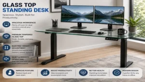 Spacious glass top standing desk with dual monitors for a productive and organized workspace.