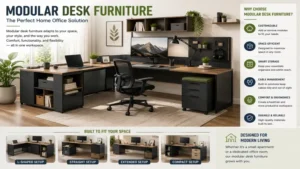 Home office setup with modular desk furniture designed for comfort and space efficiency.