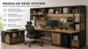 Modular desk system with integrated shelves and storage units for a clutter-free workspace