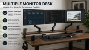 Multiple monitor desk equipped with adjustable monitor arms for ergonomic viewing