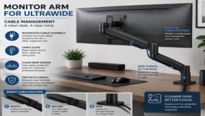 monitor arm for ultrawide featuring integrated cable management for a clutter-free workspace