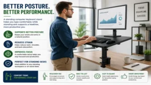Standing computer keyboard stand used in a modern office environment for better posture