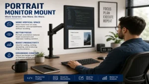 Portrait monitor mount creating a productive workspace for coding and document editing