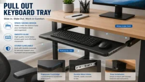 Pull out keyboard tray mounted under a desk to keep the keyboard neatly stored when not in use