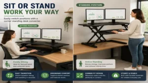 corner standing desk converter allowing easy transition between sitting and standing