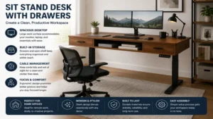Sit stand desk with drawers creating a clean and productive workspace for remote work