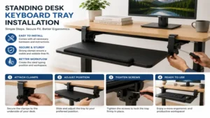Installing a standing desk keyboard tray under a height-adjustable desk with secure mounting brackets.