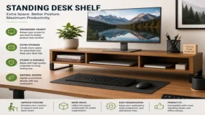 standing desk shelf with a natural wood finish providing extra storage and a clean ergonomic desk layout