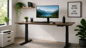 Standing desk with monitor designed for comfortable and healthy daily work