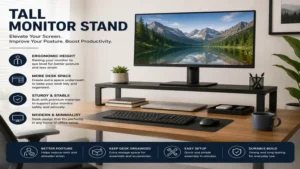 Tall monitor stand on a clean home office desk with keyboard, mouse, and organized accessories.
