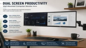 Dual monitor workstation using a wall mounted computer monitor arm for better productivity