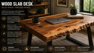 wood slab desk made from a solid hardwood slab for exceptional durability and timeless appeal