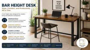 Wooden bar height desk combining durability, storage, and contemporary design for everyday use