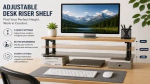 Adjustable desk riser shelf designed to improve desk ergonomics and productivity