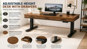 Adjustable height desk with drawers featuring a premium wood finish and spacious work surface