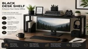 Stylish black desk shelf enhancing storage and productivity in a modern home office.