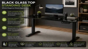 Black glass top standing desk with electric height adjustment and premium modern design.