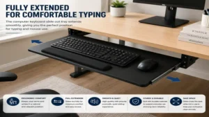 Computer keyboard slide out tray fully extended for comfortable typing and improved wrist posture.