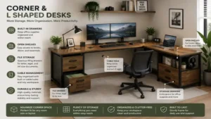 corner and l shaped desks with built-in drawers and shelves for efficient office storage.