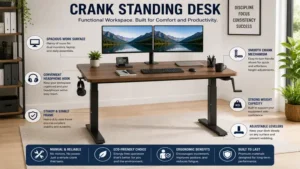 crank standing desk holding dual monitors, keyboard, and office accessories for daily work