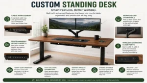 Custom standing desk with cable management, monitor arm, storage drawer, and programmable height controls.