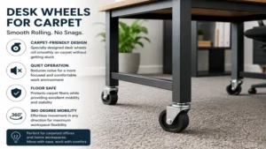 desk wheels rolling smoothly across carpeted office flooring without snagging
