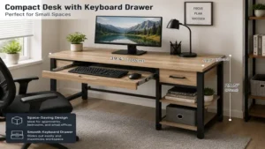 Compact desk with keyboard drawer designed for apartments, bedrooms, and small office spaces.