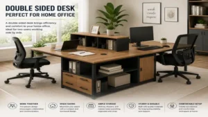 double sided desk used in a home office to create a comfortable workspace for two people.