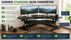 corner standing desk converter supporting dual monitors and office accessories