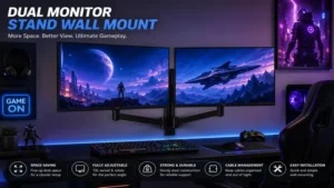 Dual monitor stand wall mount creating an organized gaming desk with dual displays and extra workspace