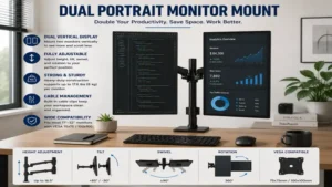Dual portrait monitor mount supporting two vertical displays for multitasking