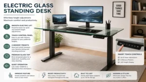 Modern glass standing desk with electric lift system and smart touch control panel