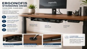 ergonofis standing desk with integrated cable management for a clean and clutter-free workstation.