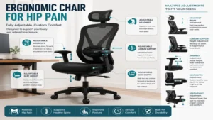 ergonomic chair for hip pain with adjustable seat height, armrests, lumbar support, and headrest