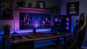 Gaming desk with monitor featuring RGB lighting and organized accessories