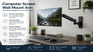 computer screen wall mount arm enhancing desk organization in a clean home office environment