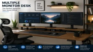 Multiple monitor desk in a modern home office environment with organized accessories