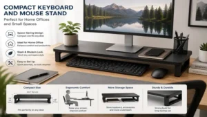 Compact keyboard and mouse stand designed for a clean and organized home office desk.