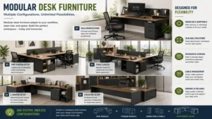 Different modular desk furniture configurations to suit changing workspace needs.