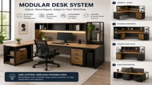 Modular desk system featuring adjustable sections that adapt to changing workspace needs