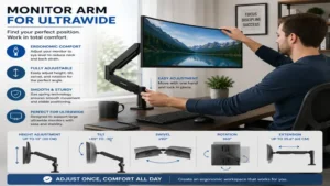 User adjusting monitor arm for ultrawide to achieve an ergonomic viewing position
