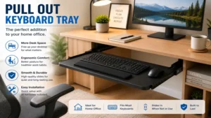 Pull out keyboard tray integrated into a home office workstation for better productivity and comfort
