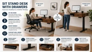 Sit stand desk with drawers supporting ergonomic transitions between sitting and standing throughout the day