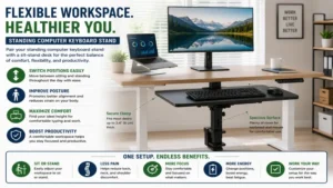 Standing computer keyboard stand paired with a sit-stand desk for flexible work positions