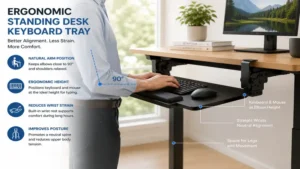 Side view of a standing desk keyboard tray demonstrating ergonomic arm alignment and comfortable typing posture.